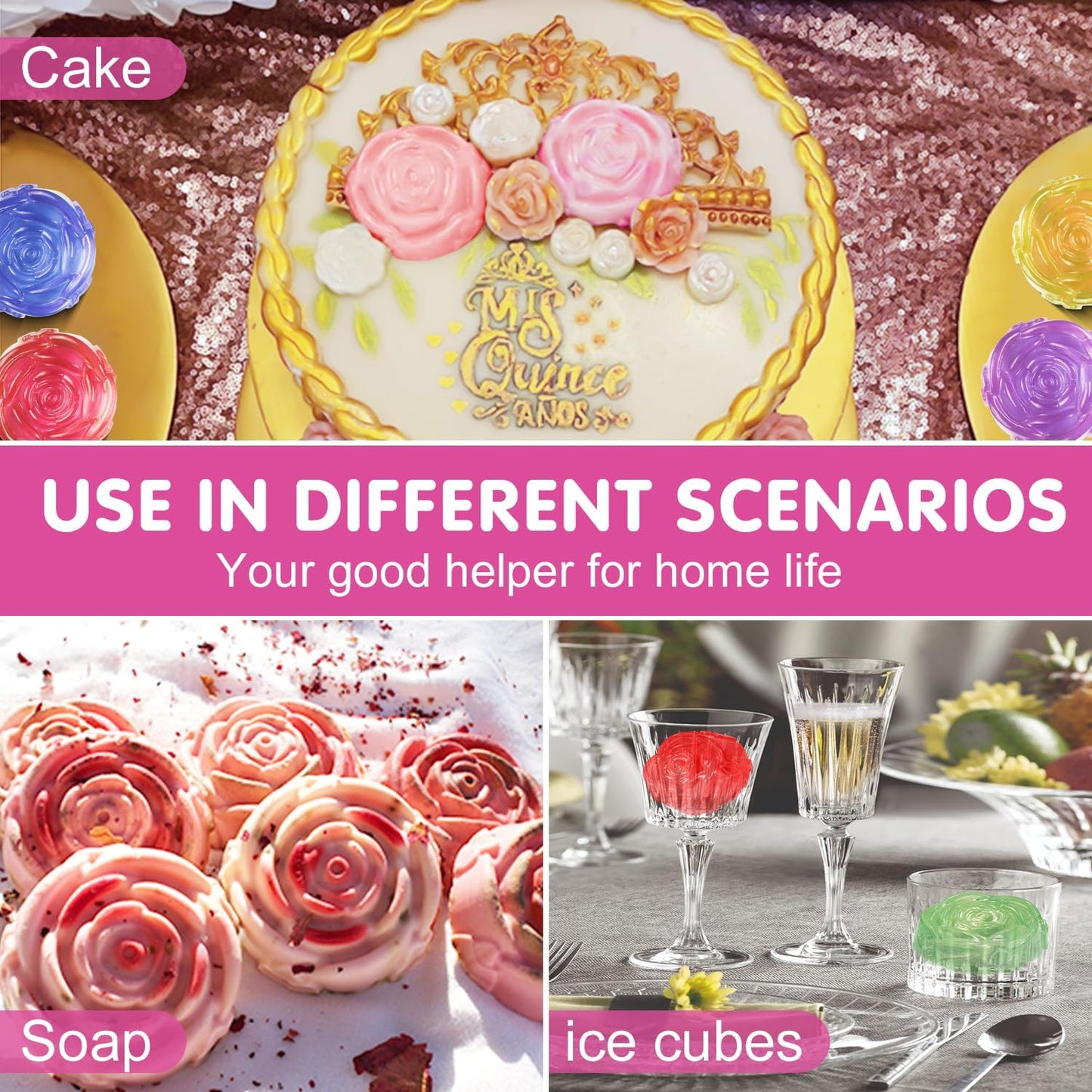 Walfos Rose Ice Cube Mold 2.8 Inch,Soap Mold, Make 12 Cute Flower Shape Ice. BPA Free and Dishwasher Safe.Easy to Pop Out.Perfect for Soap Cocktails Juice Whiskey Jelly Chocolate etc.(Set of 2 Pink)