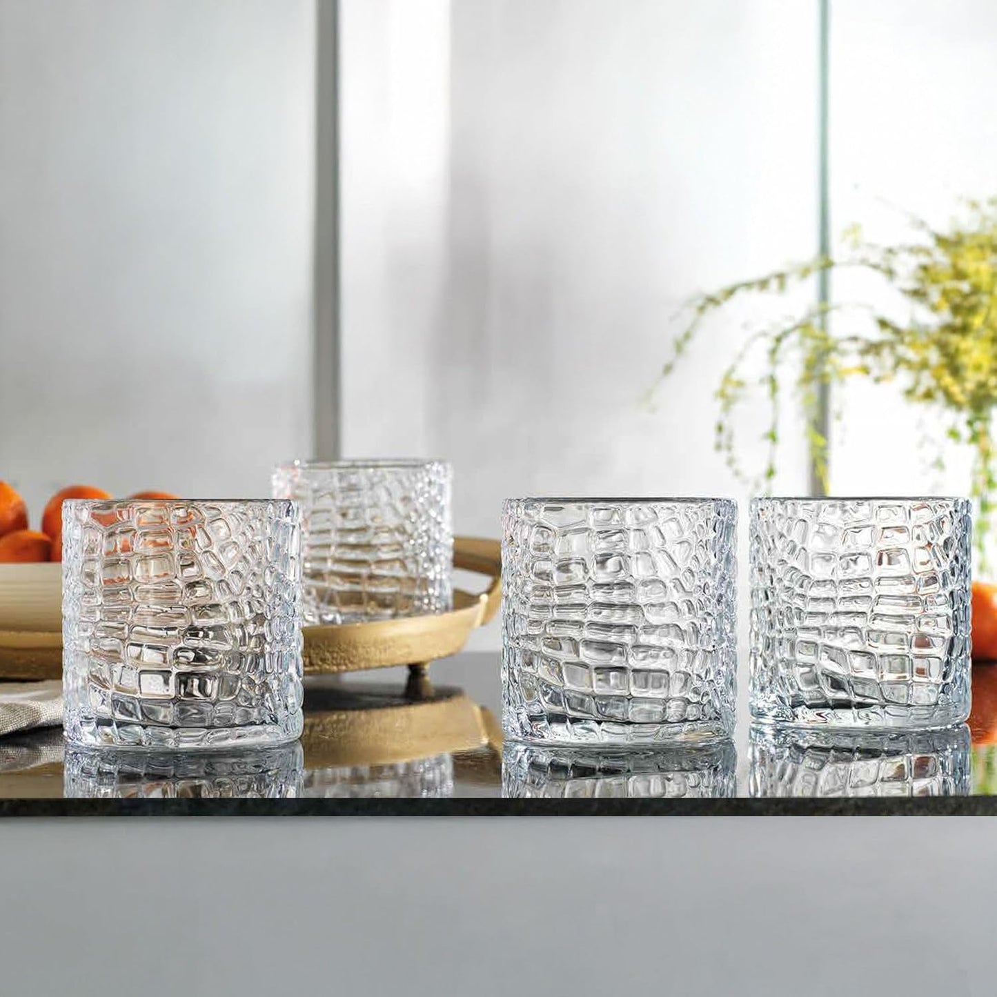 Glaver's DOF Set of 4 Clear 13oz Drinking Glasses Patent Crackle Textured Design Double Old Fashioned Whiskey Glasses Home Everyday Bar Glassware