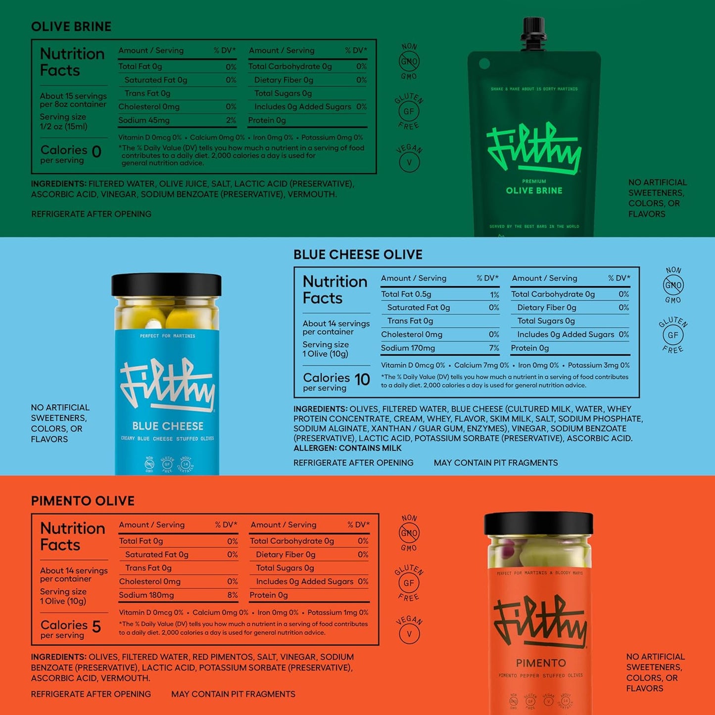 Filthy Martini Cocktail Kit, Premium Cocktail Kit, Includes Olive Brine, Pimento Stuffed Olives, Blue Cheese Stuffed Olives & 4 Stainless Steel Cocktail Picks, Non-GMO, Gluten Free