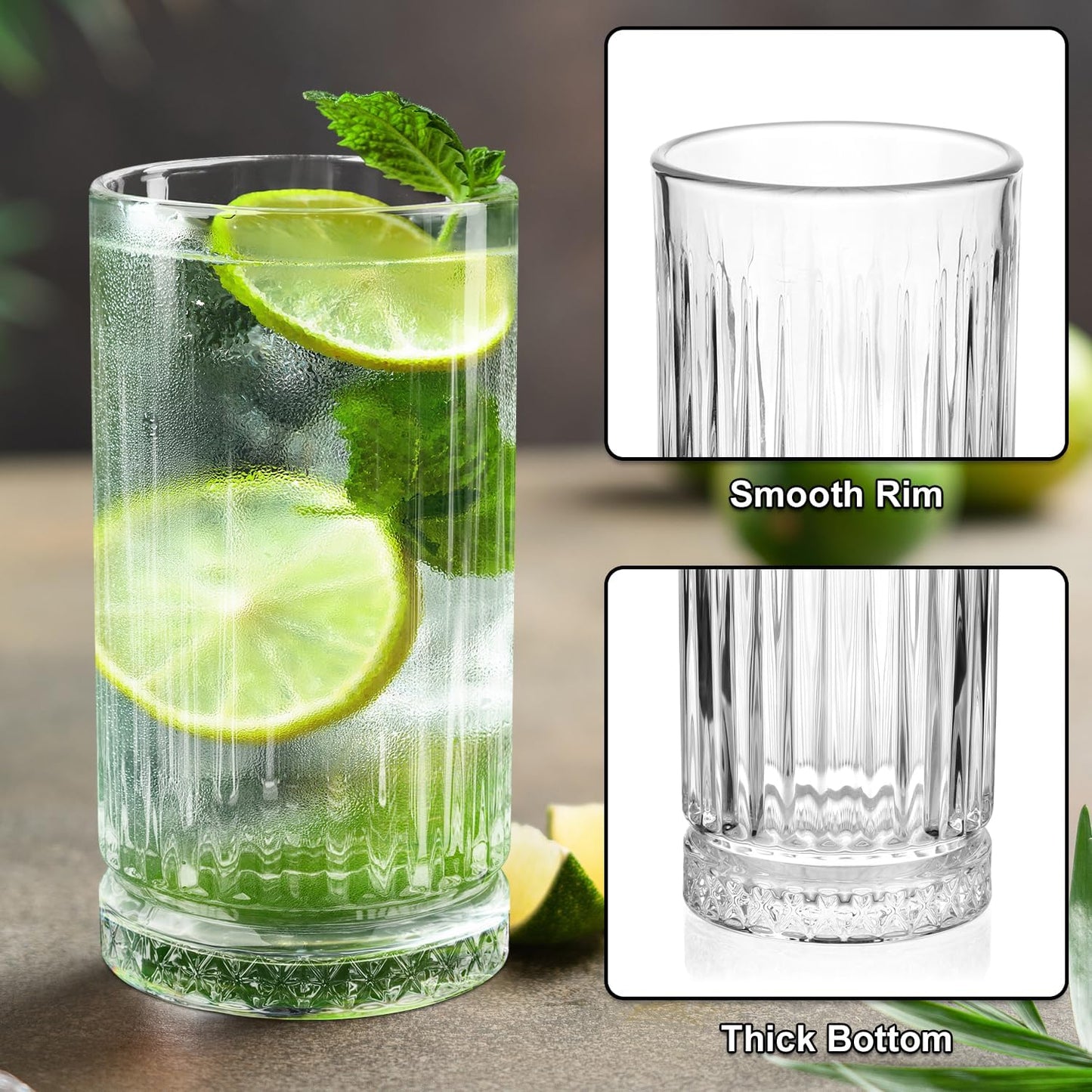 Highball Glasses Set of 4, 16oz Tall Drinking Glasses, Lead-free Crystal Water Glassware for Juice, Cocktails, Iced Tea