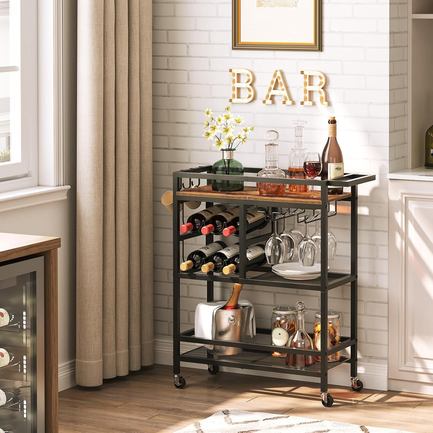 MAHANCRIS Bar Cart for Home, 3-Tier Serving Cart with Wheels and Handle, Beverage Cart with Wine Rack and Glass Holders, Rolling Wine Cart for Kitchen, Dining Room, Rustic Brown RCHR6101