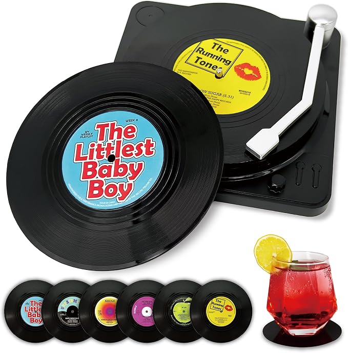 Funny Retro Vinyl Record Coasters, Creative Drink Coasters Set of 12 for Music Lovers, Housewarming Hostess Gifts, Birthday and White Elephant Gifts Ideas (V03) - B0F3HR2CV2
