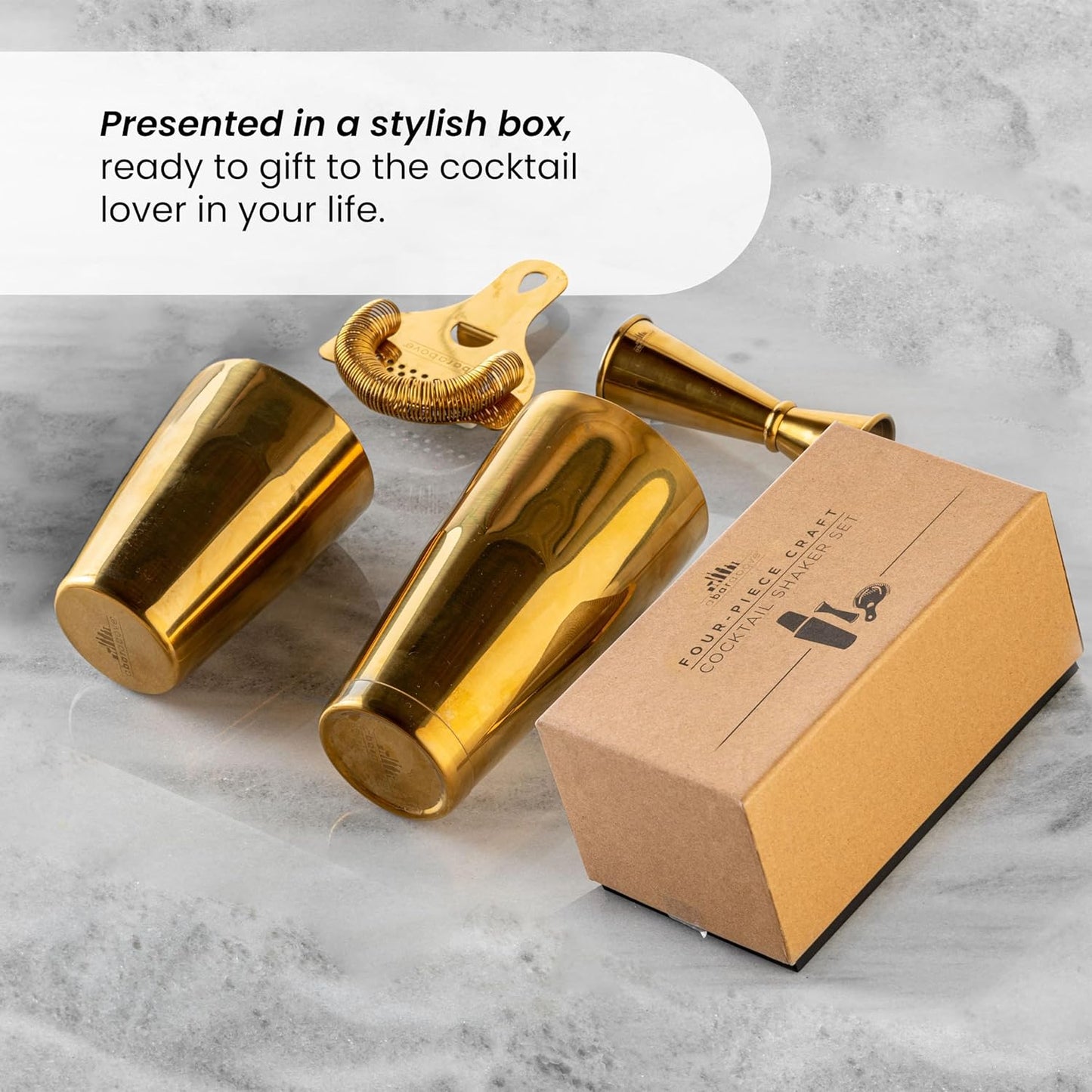 A Bar Above Cocktail Shaker Set, 4-Piece Professional Bartender Kit with Boston Shaker, Strainer and Jigger, Stainless Steel Bar Accessories for Craft Cocktails, Silver