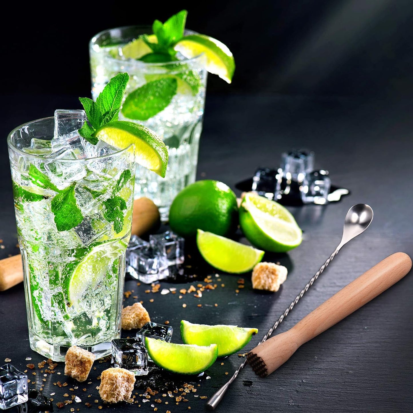 Patelai Wooden Cocktail Drinks Muddler 7.8 Inch Cocktail Muddler and 12 Inches Bar Spoon Stainless Steel Shaker Spiral Mixing Spoon for Making Cocktails Mojito Lemonade Fruit Drinks(Simple Style)