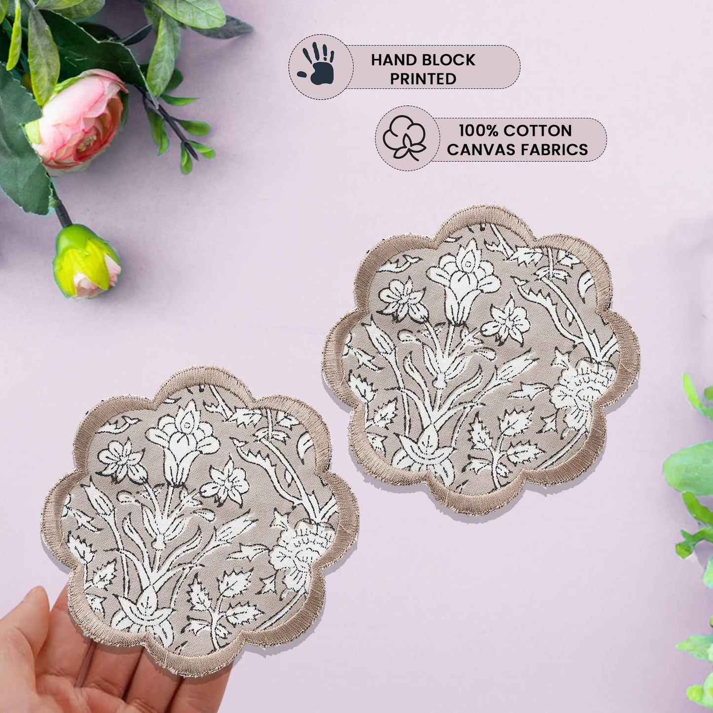 Ridhi Hand Block Print 8- pcs Canvas Cotton Drink Absorbent Stylish Embroidery Scallop Coaster Set Boho Modern Home Decor and Wooden Table Protection 5 inch Taupe