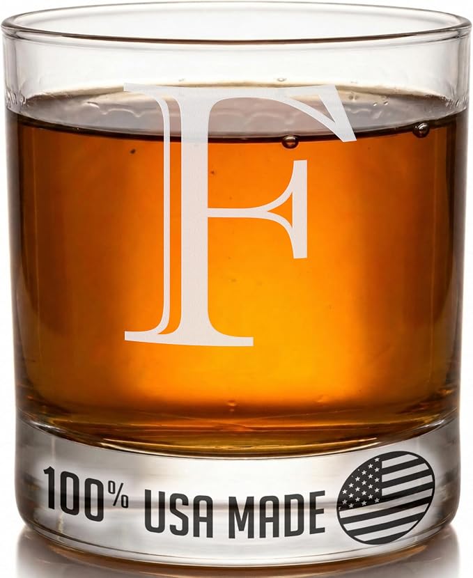 Etched Monogram 11oz Whiskey Rocks Glass (Letter J), A-Z Customized Bourbon Gifts for Men, Father’s Day, Personalized Old Fashioned Scotch Glass, Custom Engraved Gifts for Him, Initial, Name - Clear Etch F