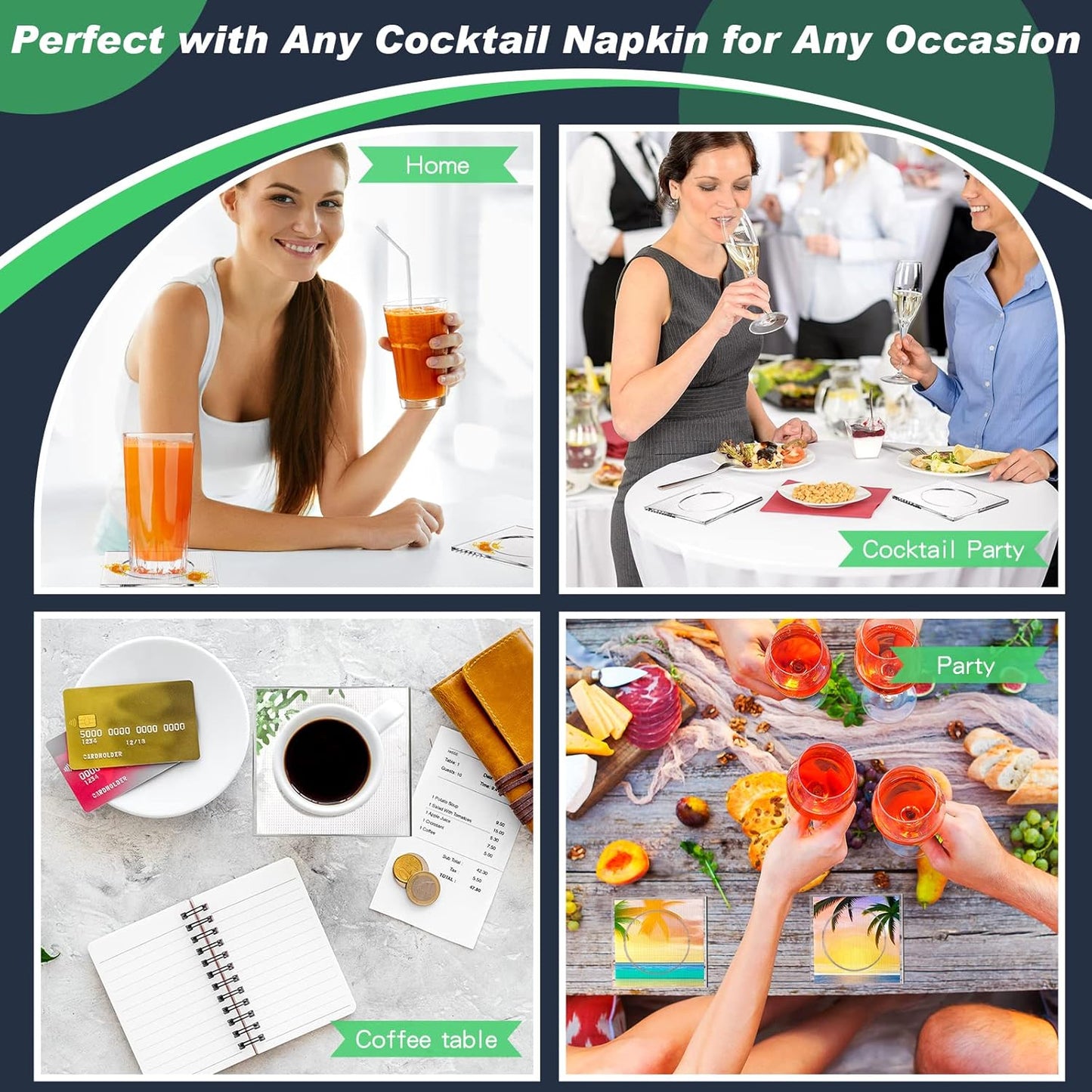 Weecent 4 Pack Acrylic Coasters DIY Cocktail Napkin Holder Clear Water Resistant Shatterproof Coaster for Any Holidays Occasions Home Office Decor and Protect Table