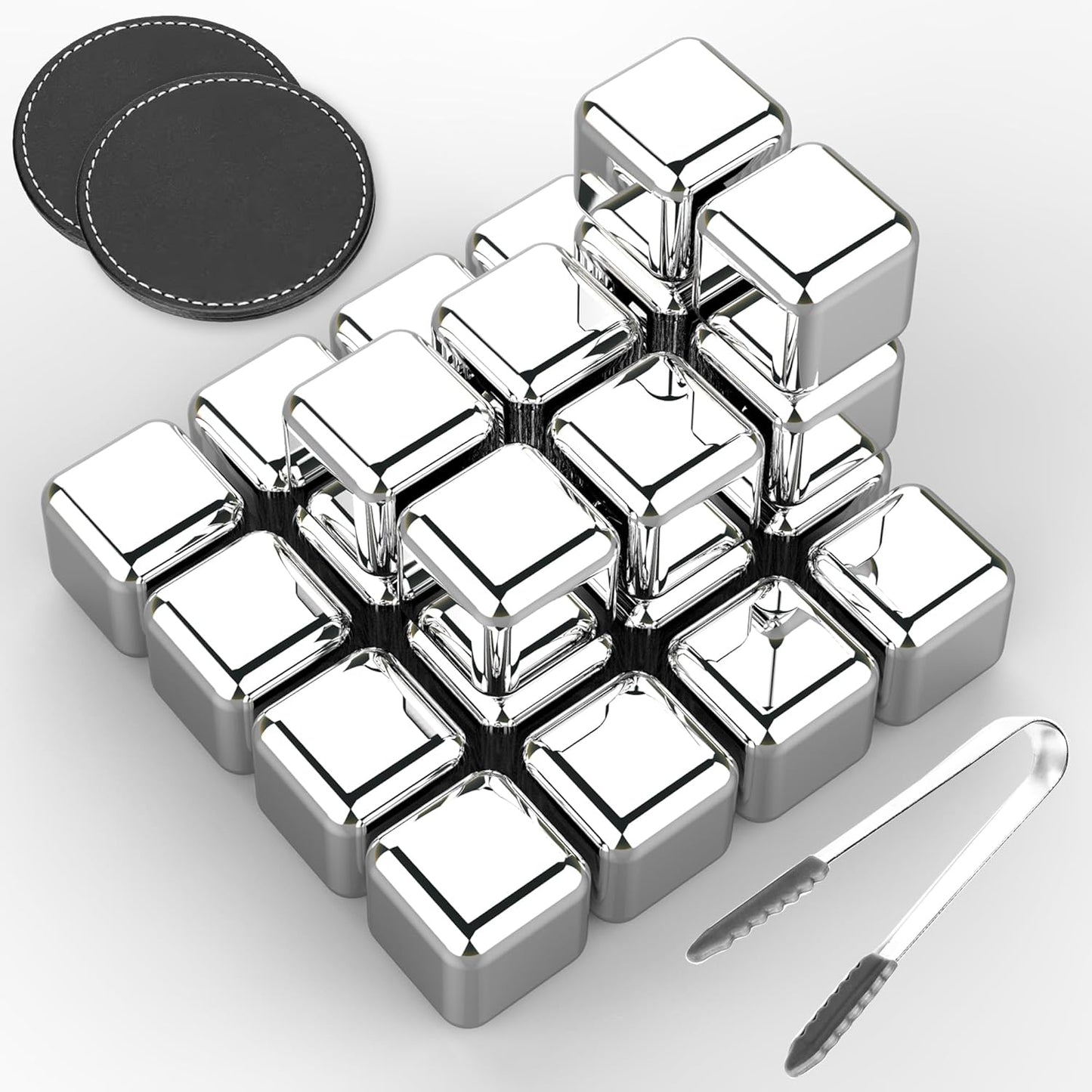 24 Pack Stainless Steel Ice Cubes Reusable - Ice Cubes Stainless with Ice Tongs and Whiskey Stones - Gifts for Men Dad Christmas for Drinks, Whiskey, Vodka, Chilling Rocks, Chilling Rocks for Drinks