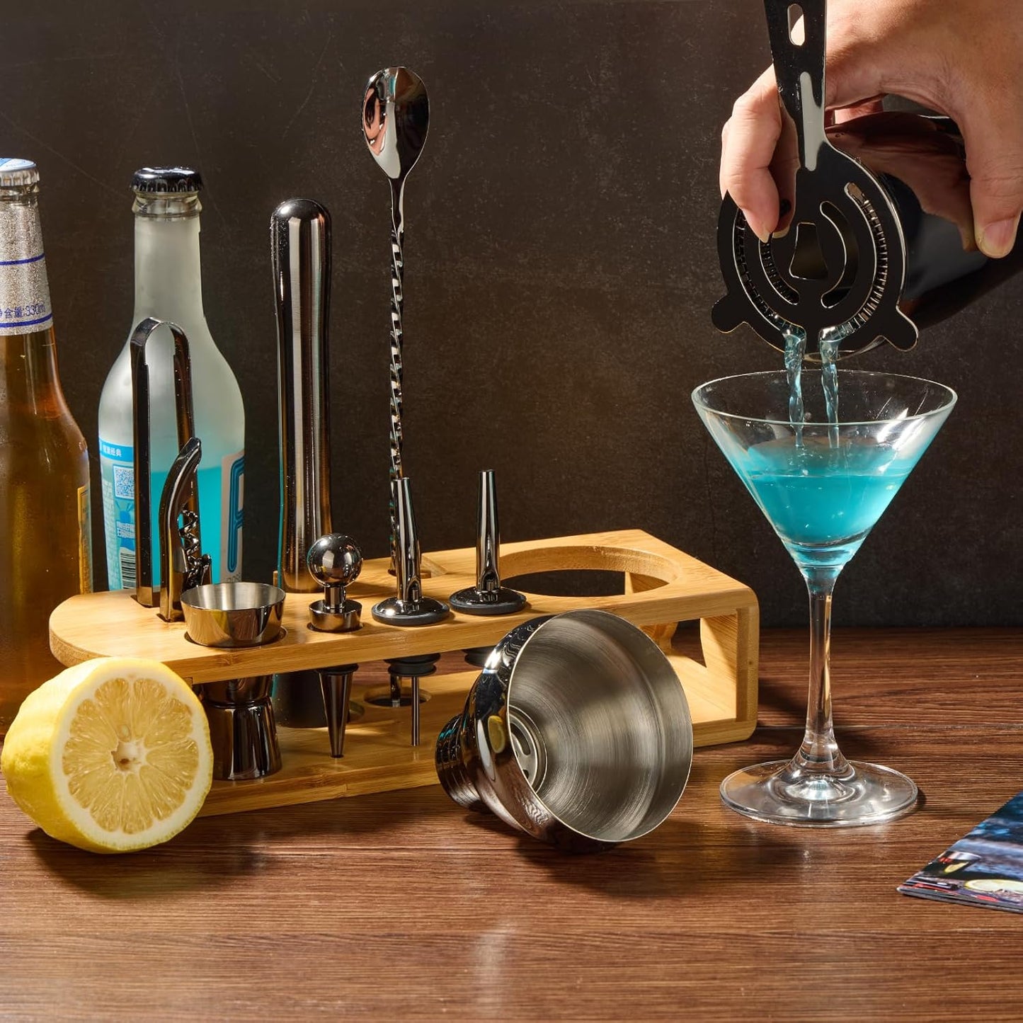 Cocktail Shaker Set Bartender Kit : 12-Piece Bar Tool Set with Bamboo Stand | Bar Set with All Practical Bar Accessories, for Drink Mixing, Bar, Home, Lounge & Party (Titanium Grey)