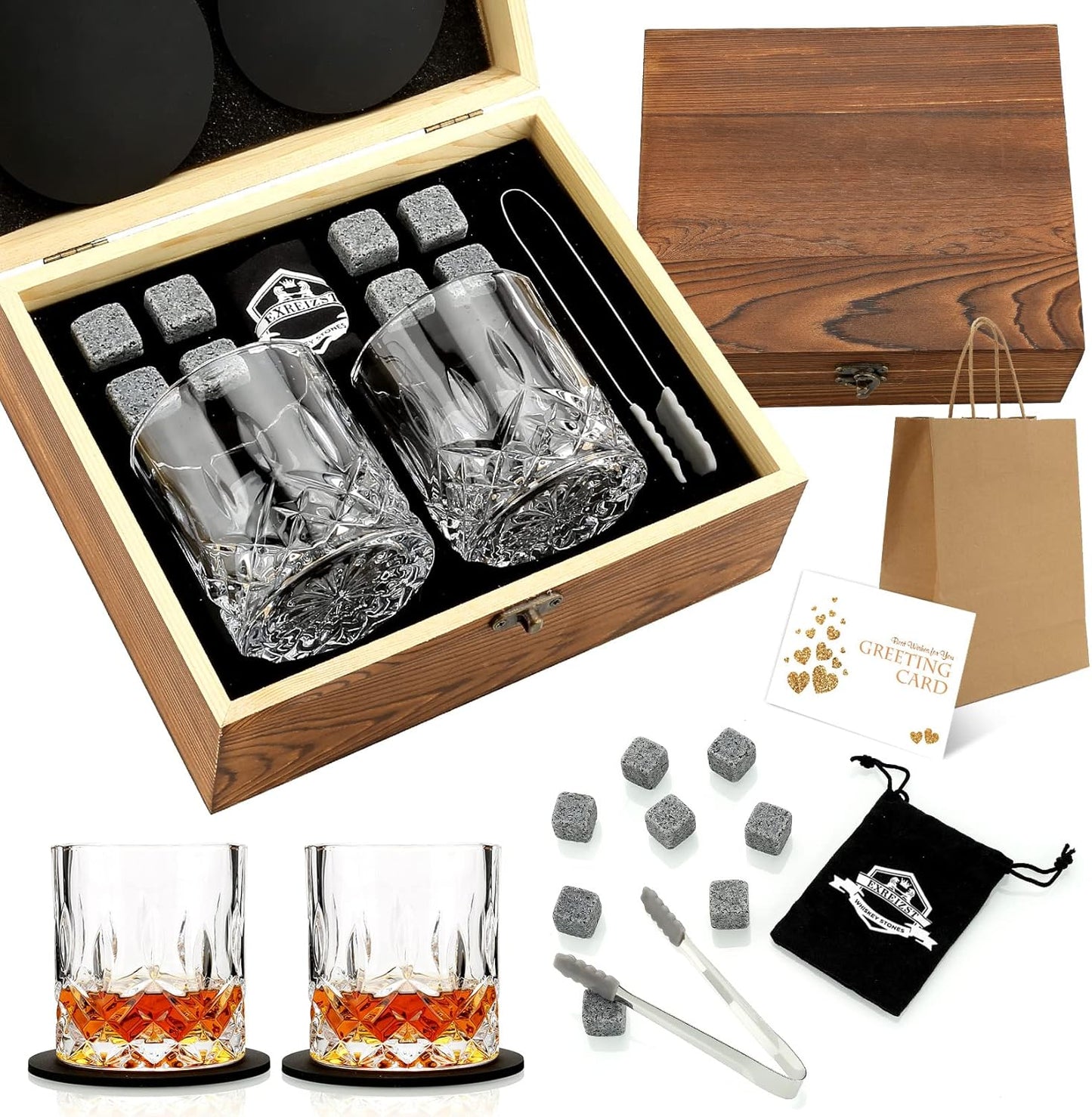 Whiskey Gifts for Men - Whiskey Stones and Glasses Gift Set - Granite Chilling Stones Whiskey Rocks, Scotch Bourbon Gift Box, Father's Day Birthday Drinking Gifts for Him Dad Husband Thanksgiving Gift