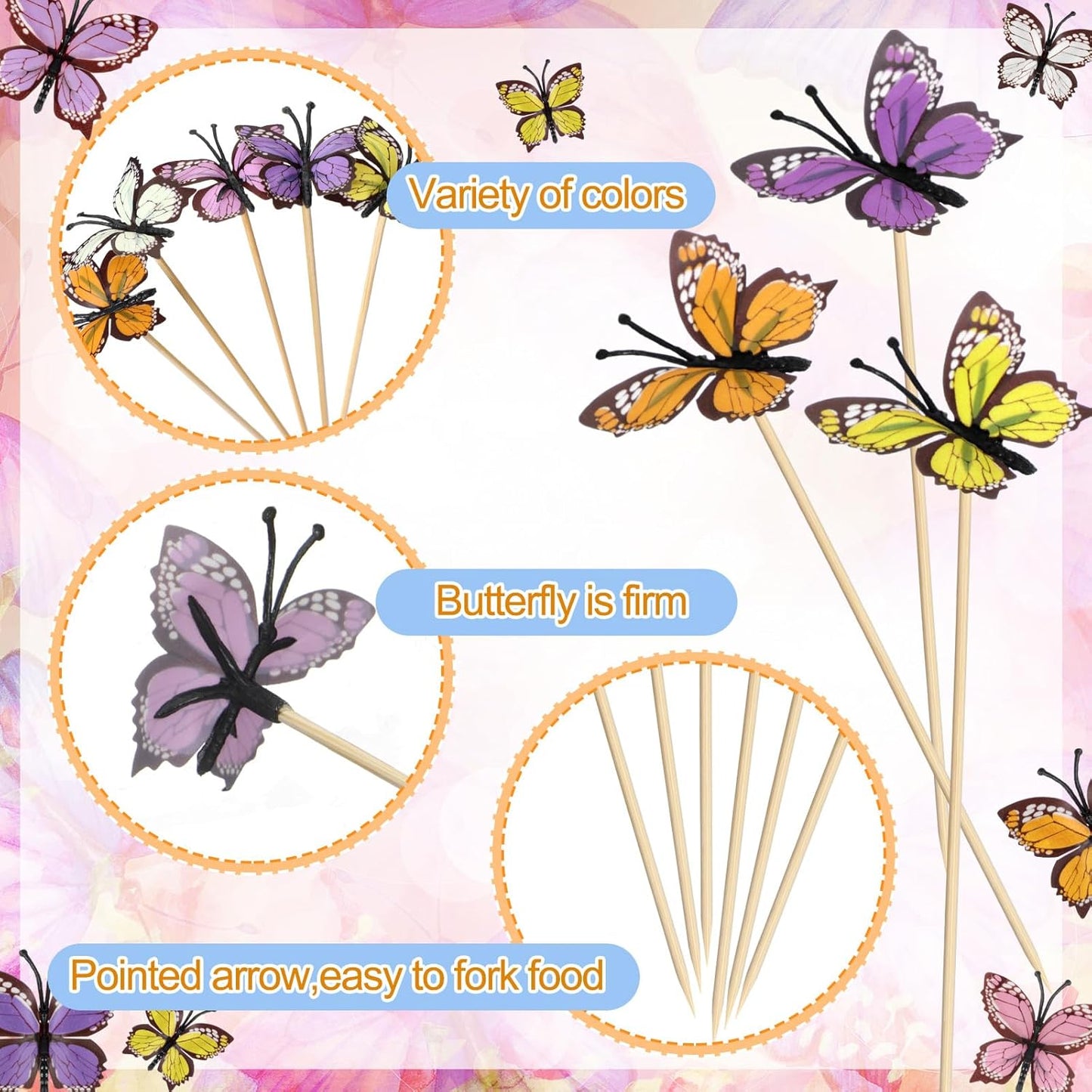 CHENGU 100 Pcs Fancy Toothpicks, 4.7 Inch Cocktail Picks Fancy Sticks for Appetizers, Handmade Bamboo Appetizer Fruit Skewers Food Picks for Wedding Valentines Holiday Decoration(Butterfly)