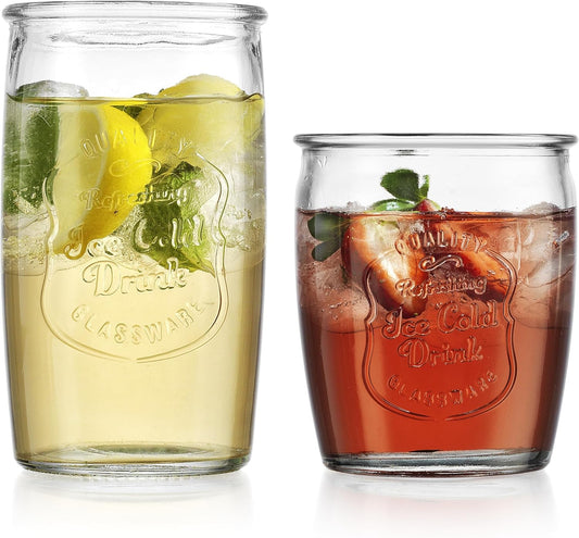 Glaver's Ice Cold Set of 8 Drinking Glasses 4-20 Oz Highball Glasses, and 4-13 Oz Whiskey Glass Cups For Everyday Home Use Water glasses, Beer, Juice, Cocktail.