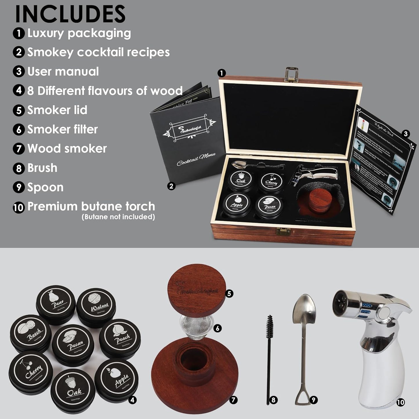 SMOKEOLOGIST Whiskey, Cocktail, and Old Fashioned Smoker Kit with Torch – includes 8 Unique Natural Wood Flavors, Luxury Wooden Box Gift Packaging, Premium Butane Torch (butane fuel not included)