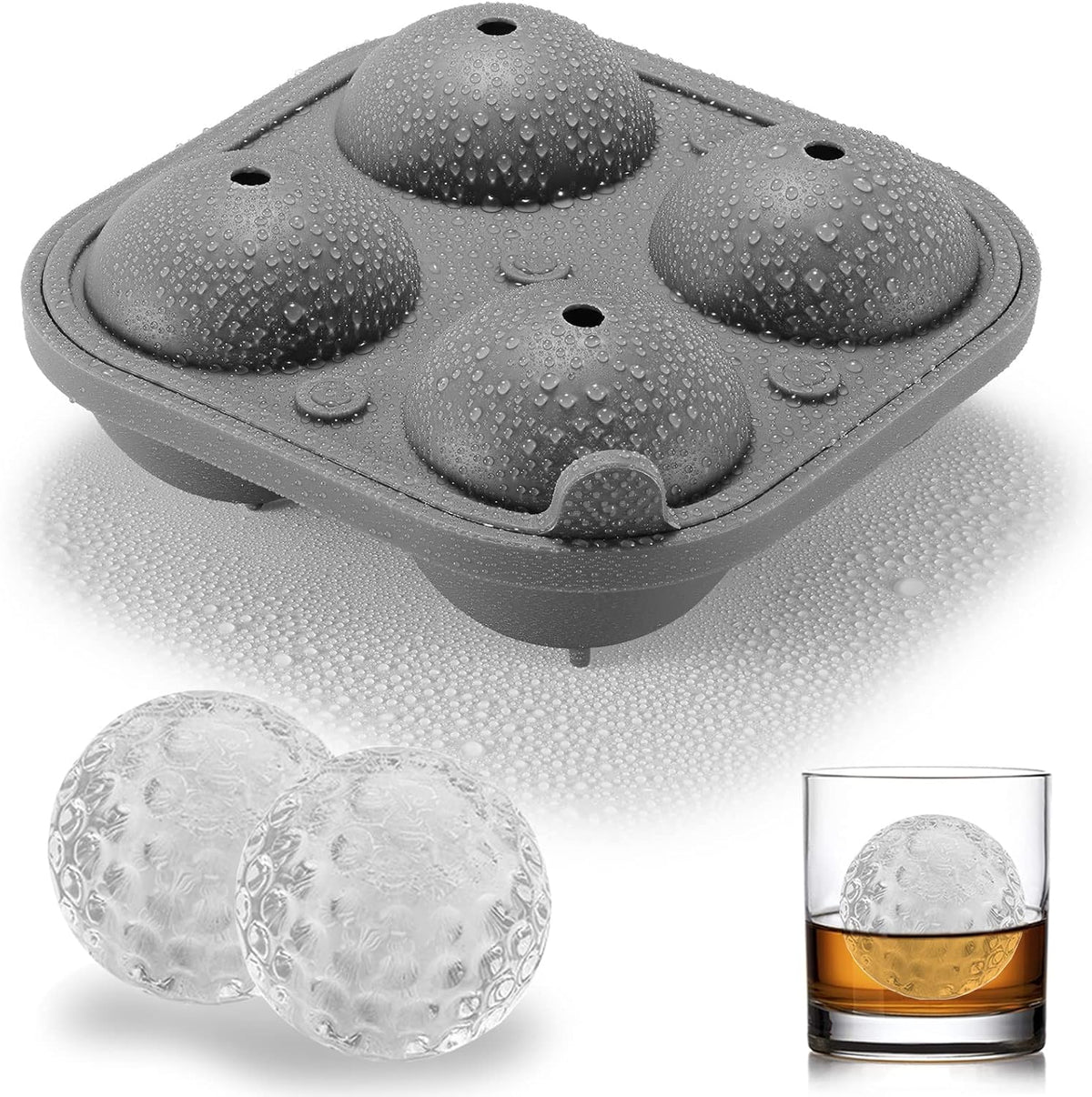 ACOOKEE Novelty Golf Gifts Ball Ice Maker Mold, 2.5" Large Sphere Round Ice Cube Mold for Cocktails, Whiskey, Bourbon Chilling, 4 Hole Fun Shapes Big Silicone Circle Ice Cube Trays w/Funnel - Golf Grey