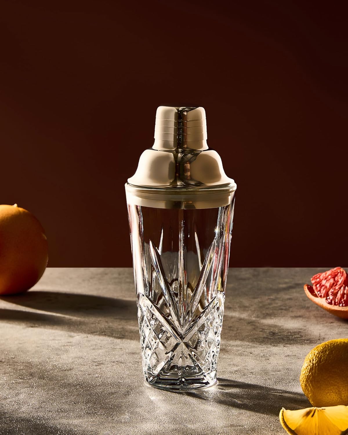 Cut Crystal Cocktail Shaker Set (15oz Lead-Free Crystal Mixer with Stainless Steel Lid & Pour Spout & 4 Recipe Coasters) Premium Bar Tool for Home Bar