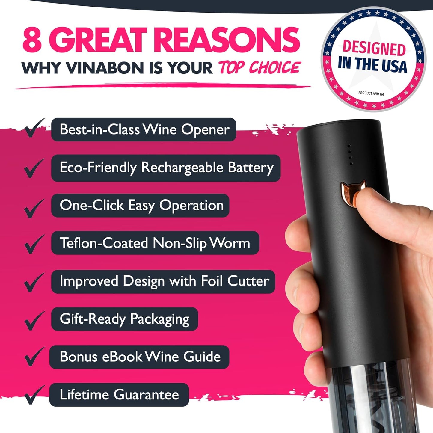 VINABON Electric Wine Opener - Updated 2026 One-Touch Automatic Wine Bottle Opener Corkscrew - Rechargeable (Up to 100 Bottles/Charge) with Foil Cutter Stand, LED Indicator. Includes Wine Guide eBook