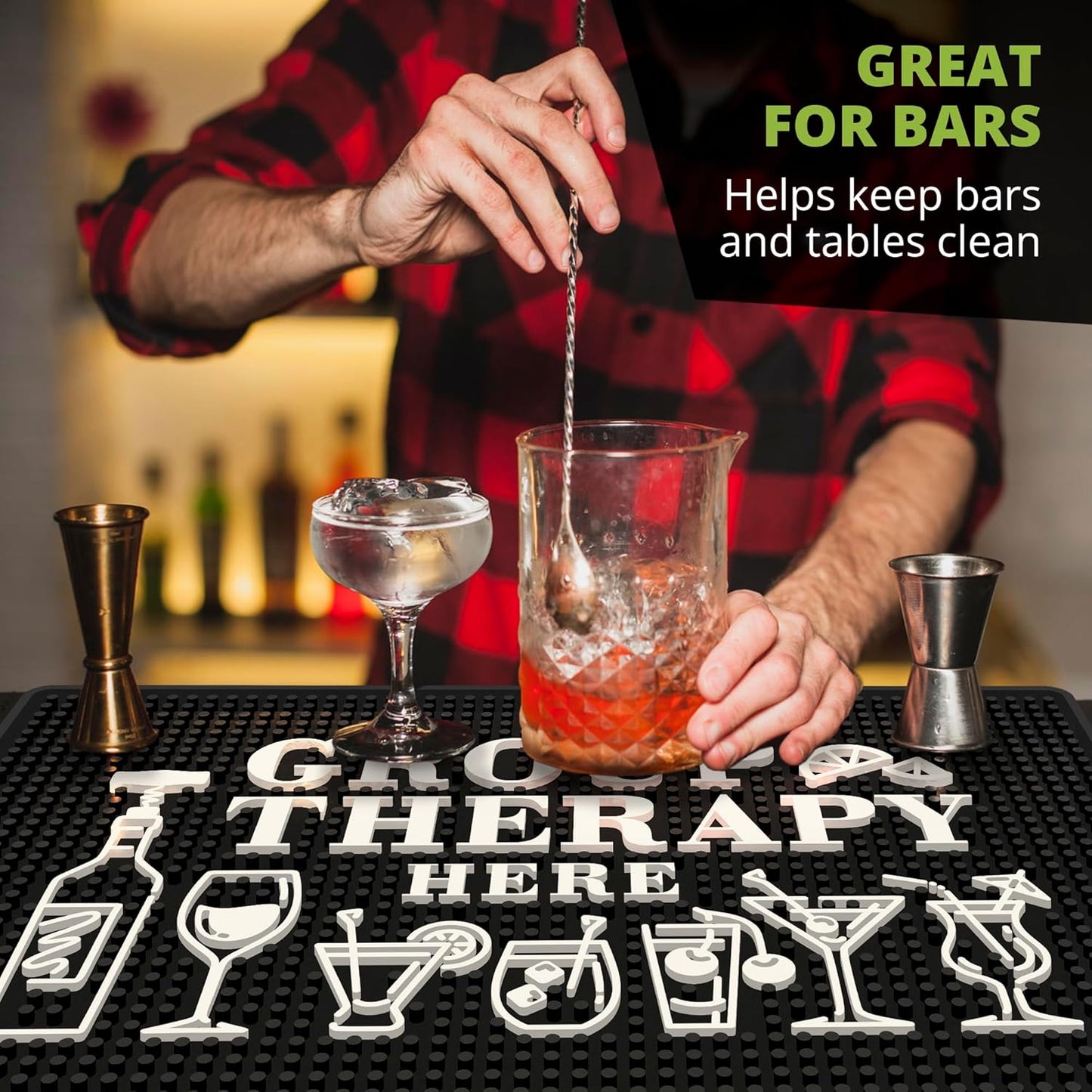 Group Therapy Bar Mat – Heavy Duty 18"x12" Rubber Bar Mats for Countertop, Non-Slip Bartender & Spill Mat for Home Bar, Funny Bar Gifts