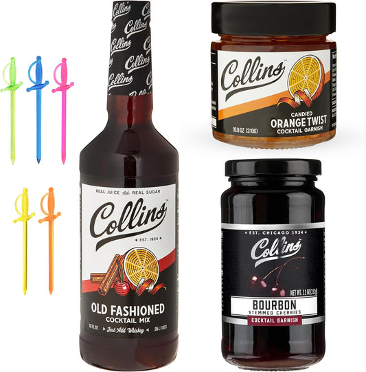Collins Old Fashioned Kit, Cocktail Gift Set with Old Fashioned Mix, Bourbon Cherries, Candied Orange Garnish & Picks, Mixology Gift Set of 4 for Party Drinks, Holiday Celebrations and Christmas Gifts
