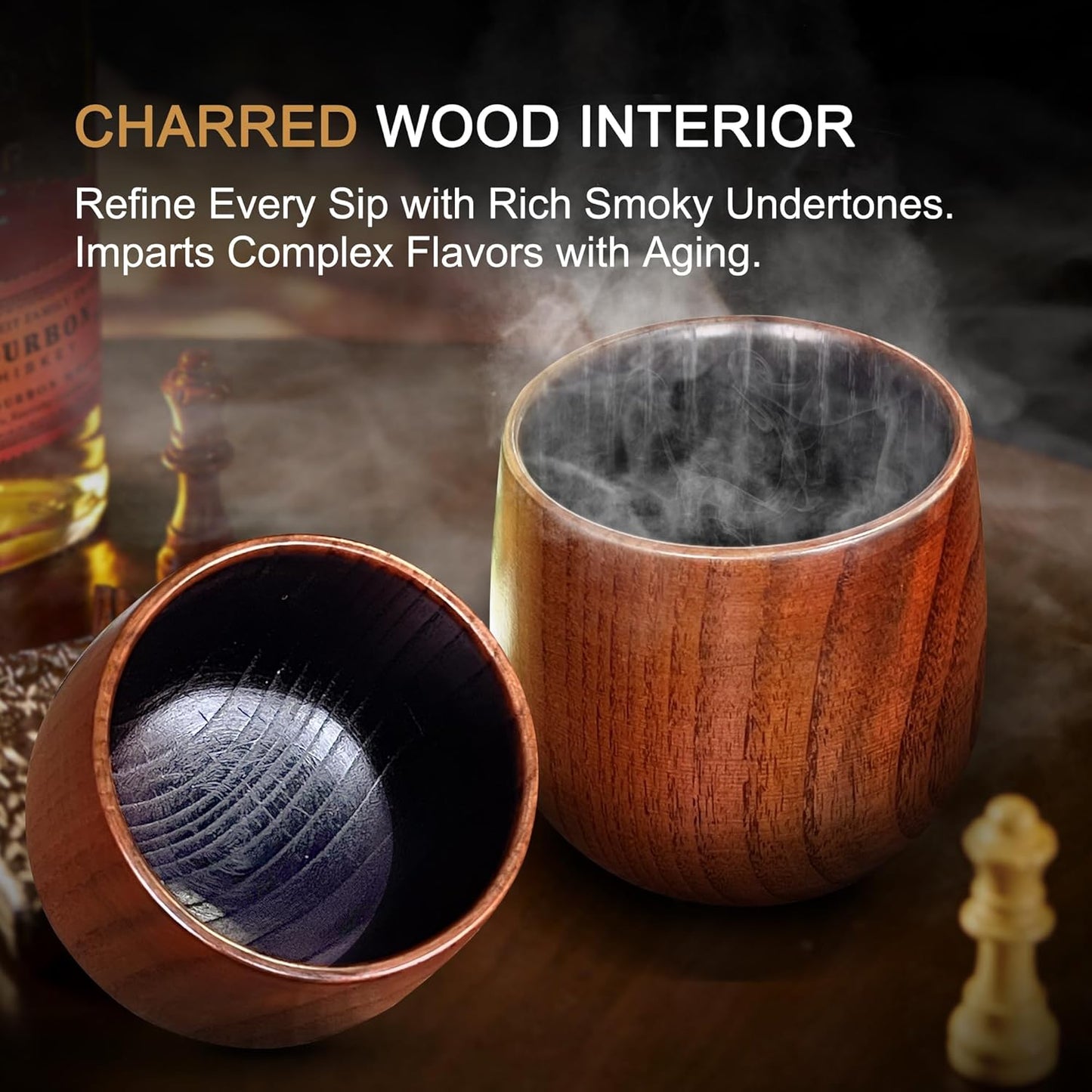 Charred Wooden Bourbon Drinking Glass, Bourbon Gifts for Men – 10oz Wooden Old Fashioned Glasses Set Whiskey Tumbler | Birthday Whiskey Gifts for Men, Dad or Brother Original Bourbon Tumbler (2 Pack)