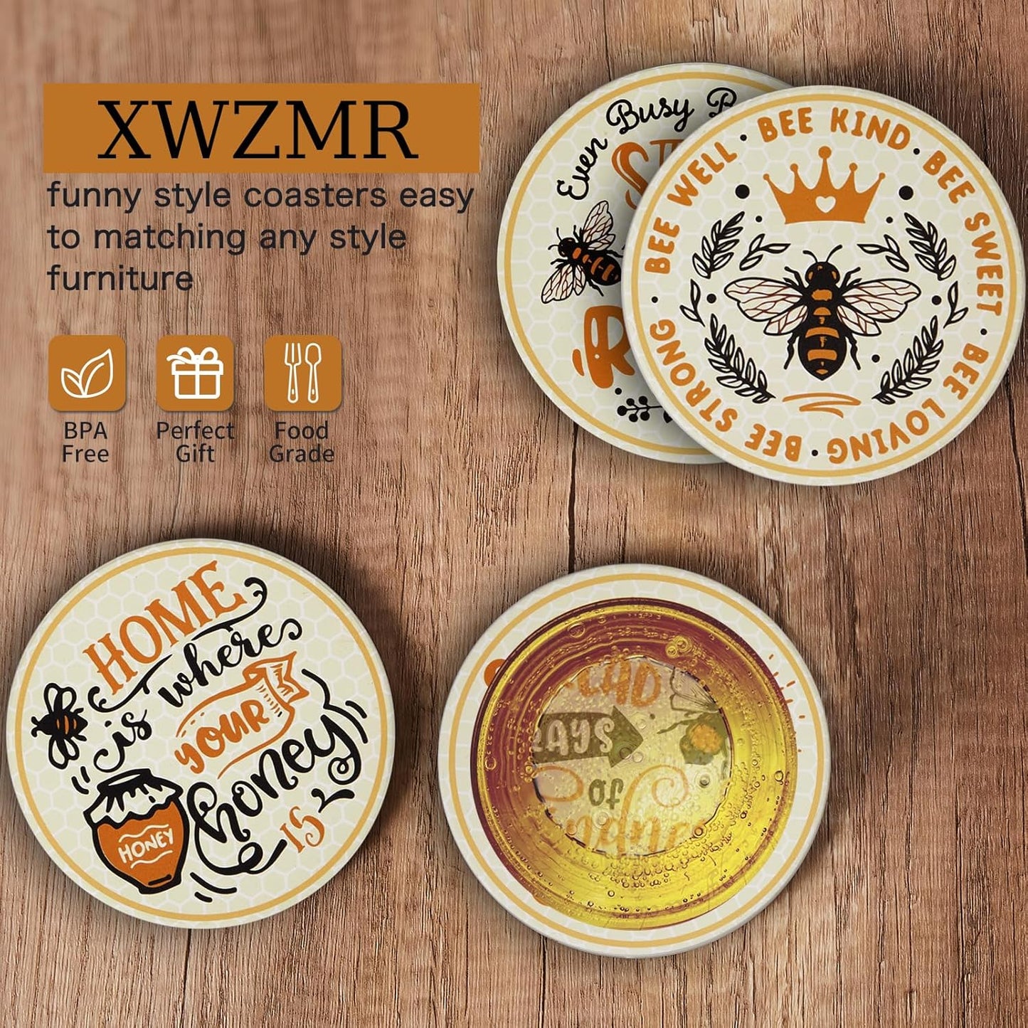 House Warming Gift Coasters Set of 6,Drink Absorbent Coasters with Holder, Coffee Table Decor Ceramic Stone Coaster for New Home,Apartment Kitchen Bar Living Room (Bee-Honeycomb)