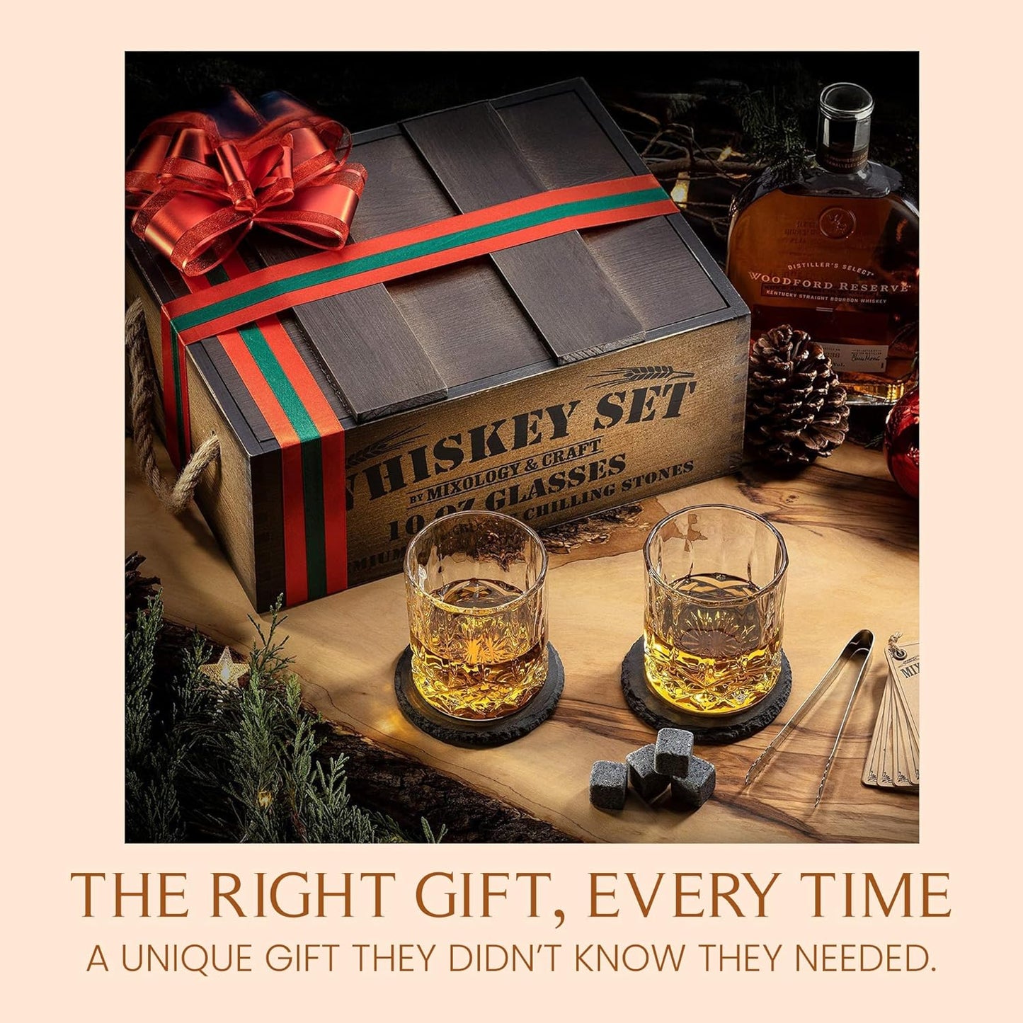Mixology & Craft Whiskey Gift Set, Whiskey Glass Set with Rustic Wooden Crate, 8 Granite Whiskey Rocks Chilling Stones, 10oz Glasses, Raffle Gift for Men, Dad, Husband, Boyfriend - Jameson Dark Brown