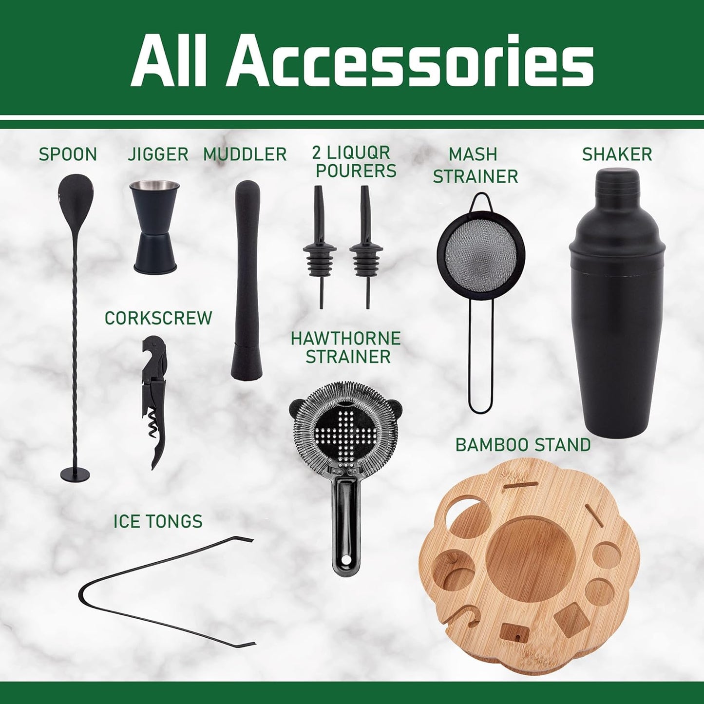 Cocktail Shaker Set Bartender Kit with Rotatble Bamboo Stand,11 Piece Bar Set Stainless Steel Bar Accessories for Drink Mixing, Bar, Home, Party (Frosted Black)
