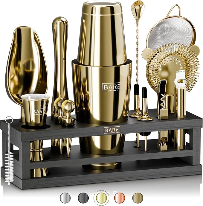 BARE BARREL® Mixology Bartender Kit Bar Set | 16-Piece Cocktail Shaker Set | Martini Barware Mixing Tools for Home Bartending | Incl. 35 Recipe Cards | Gift Set (28oz Boston Shaker, Silver/Natural) - Gold/Black