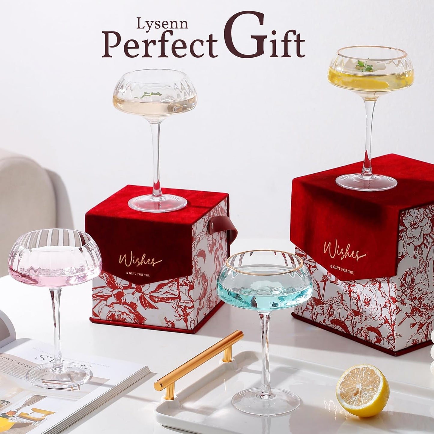 Lysenn Coupe Glasses Set of 4 - Premium Hand Blown Martini Glasses - Perfect for Cocktail and Champagne – 8.45 oz, Clear