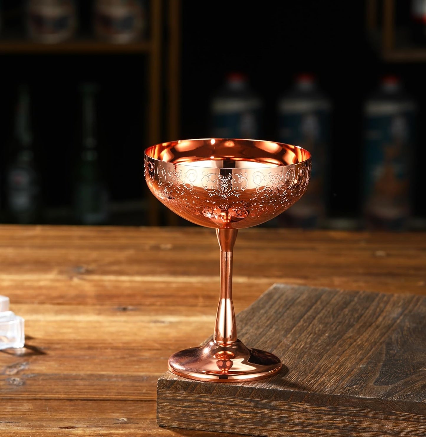 Stainless Steel Coupe Cocktail Glasses Set of 2, Unbreakable Cocktail Glasses for Margarita, Manhattan, Champagne Engraved Design (Copper Plated Set of 2)