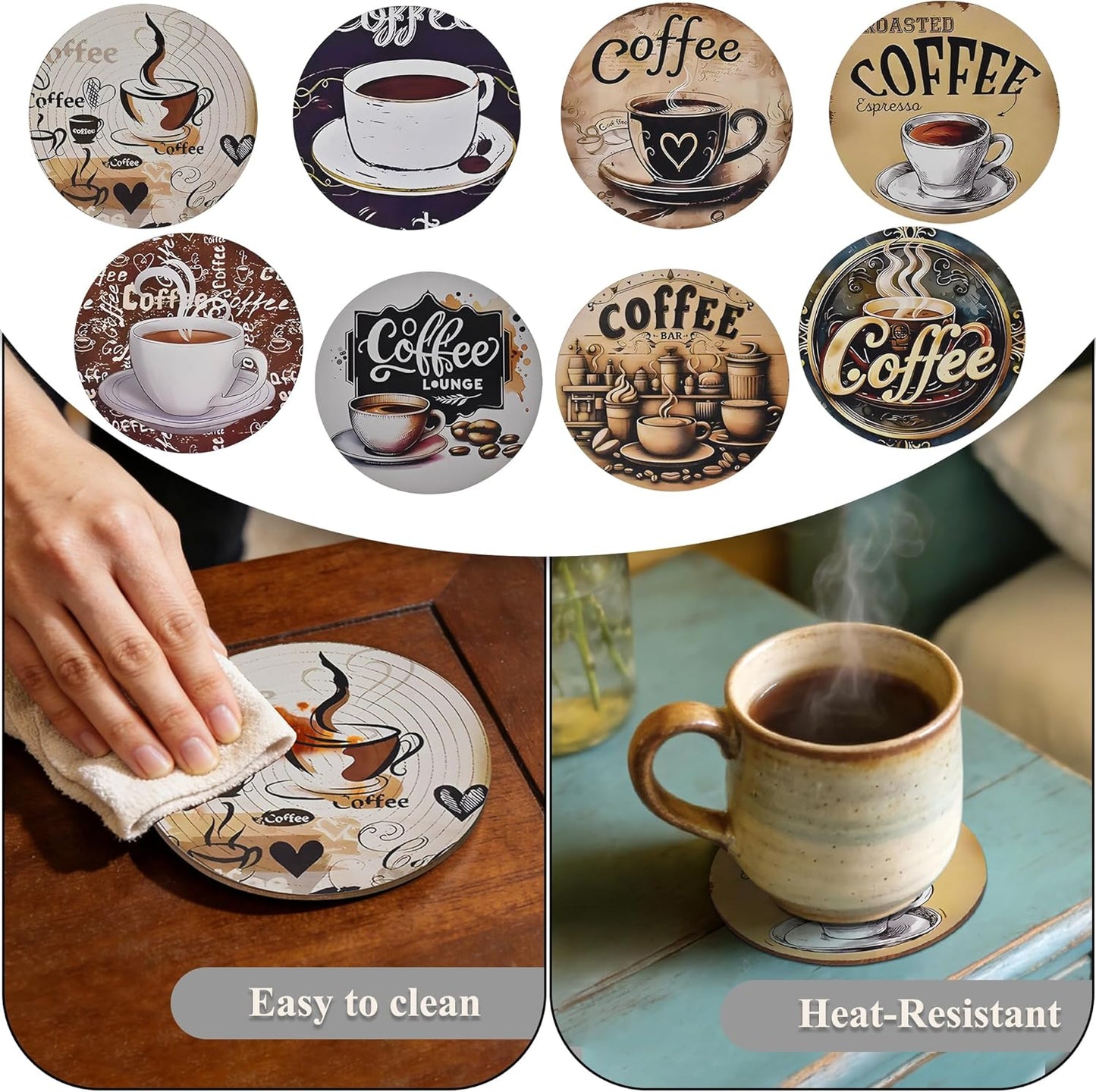 Bar Coaster Set, Drink Coaster for Home Decor, Wood Coffee Coasters 8Pack (Coffee-Brown)