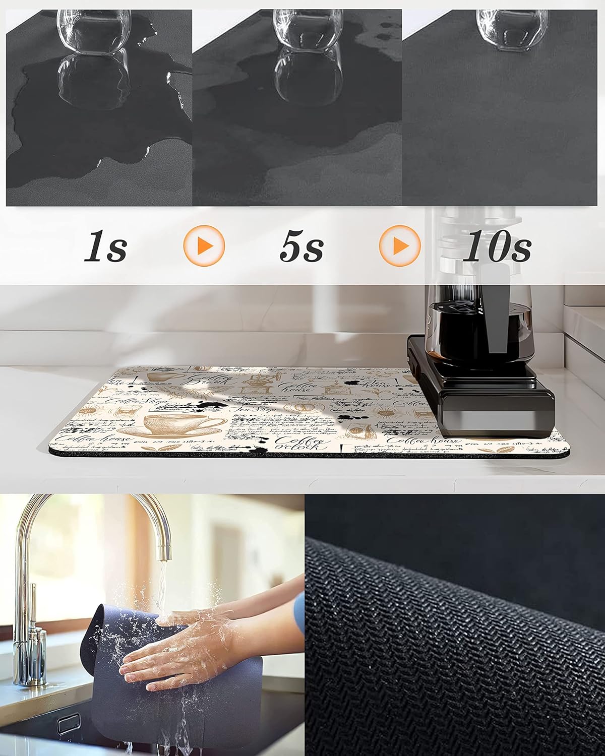 Coffee Bar mat Accessories for Countertop Absorbent Hide Stain Rubber Backed Dish Drying Mats for Kitchen Counter Draining Pad Decor Gift(20x12in)