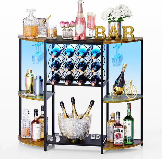 JKsmart Wine Bar Cabinet with LED Lights, Mini Wine Rack with Storage and Glass Holder, Small Home Bar Cart for Liquor, 3-Tier Bar Table for Kitchen, Dining Room, Living Room, Rustic Brown