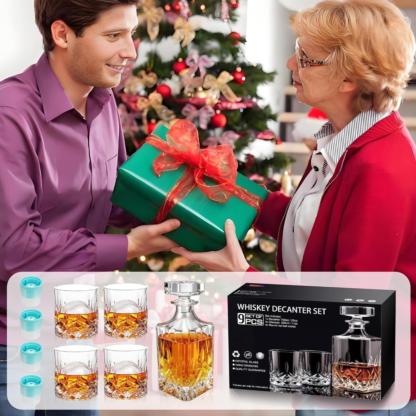 Whiskey Decanter Set for Men, 4*Crystal Whiskey Glasses(Get 4 Silicone Ice Mold Free), Lead-Free Decanter Set for Whiskey, Bourbon, Scotch, Anniversary Christmas Gifts for Dad, Husband, Whiskey Lovers