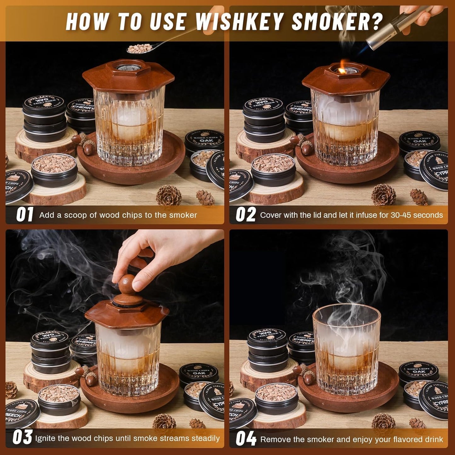 27Pcs Whiskey Smoker Kit-16 Wood Chips, Ice Ball Mold, Cocktail Smoker Infuser Kit, Old Fashioned Drink Smoker Kit, Birthday Bourbon Whiskey Gifts for Men,Husband,Dad,Him,Valentine's Day(No Butane