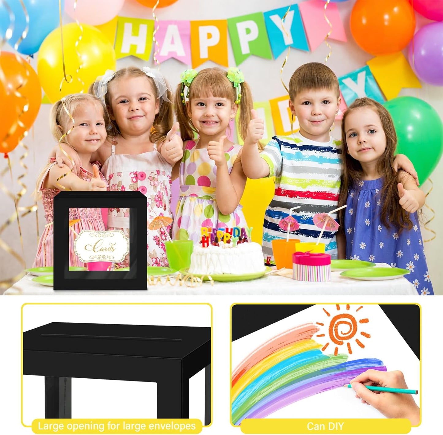 1 Pack Black Card Box for Party, Transparent Wedding Card Box Gift Cards Receiving Box Money Box for Birthday, Bridal or Baby Showers, Retirement, Anniversary, Graduation