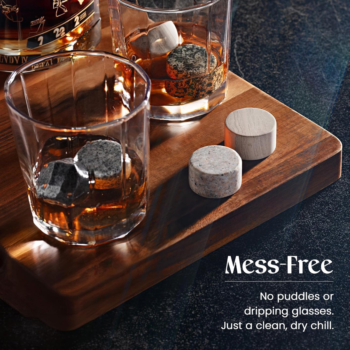 Mixology & Craft Whiskey Stones Set - 6 Circular Granite Bourbon Chilling Rocks - Great Whiskey Gifts for Men, Fathers, Groomsmen Gifts