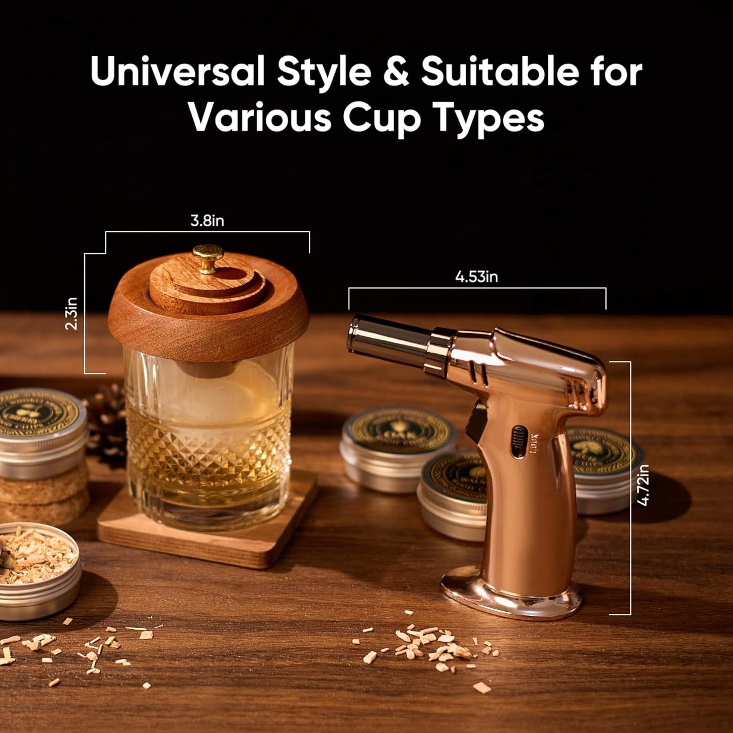Whiskey Smoker Kit with Torch, 6 Wood Chip Flavors, 2 Heavy Whiskey Glasses, 2 Ice Ball Molds, Cocktail Smoker Kit for Old Fashioned, Bourbon & Drinks, Gift Set for Men, Father (No Butane)