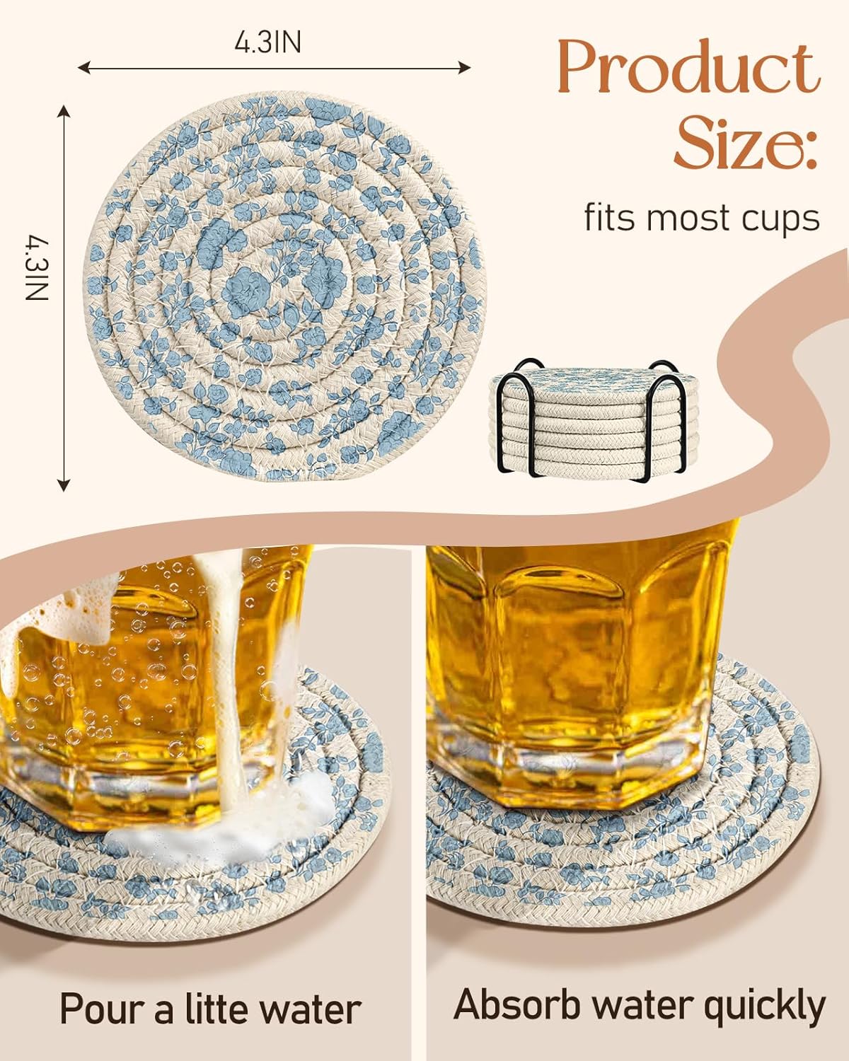 Drink Coasters Set of 6 - Cup Absorbent Coasters for Drinks Coffee Table Home Office Desk Decor Soft Woven Cotton Cloth Braided Fabric Drinking Cup Mat with Holder Cute Blue Flower Floral