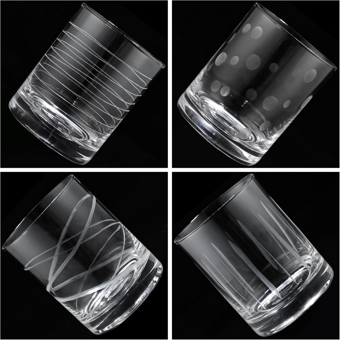 Joeyan Hand Blown Etched Whiskey Glasses,Old Fashioned Tumblers with Stripes Dots Pattern,Clear Carved Rocks Glasses,Scotch Bourbon Glassware for Party Anniversary,13.5 oz,Set of 4,Dishwasher Safe
