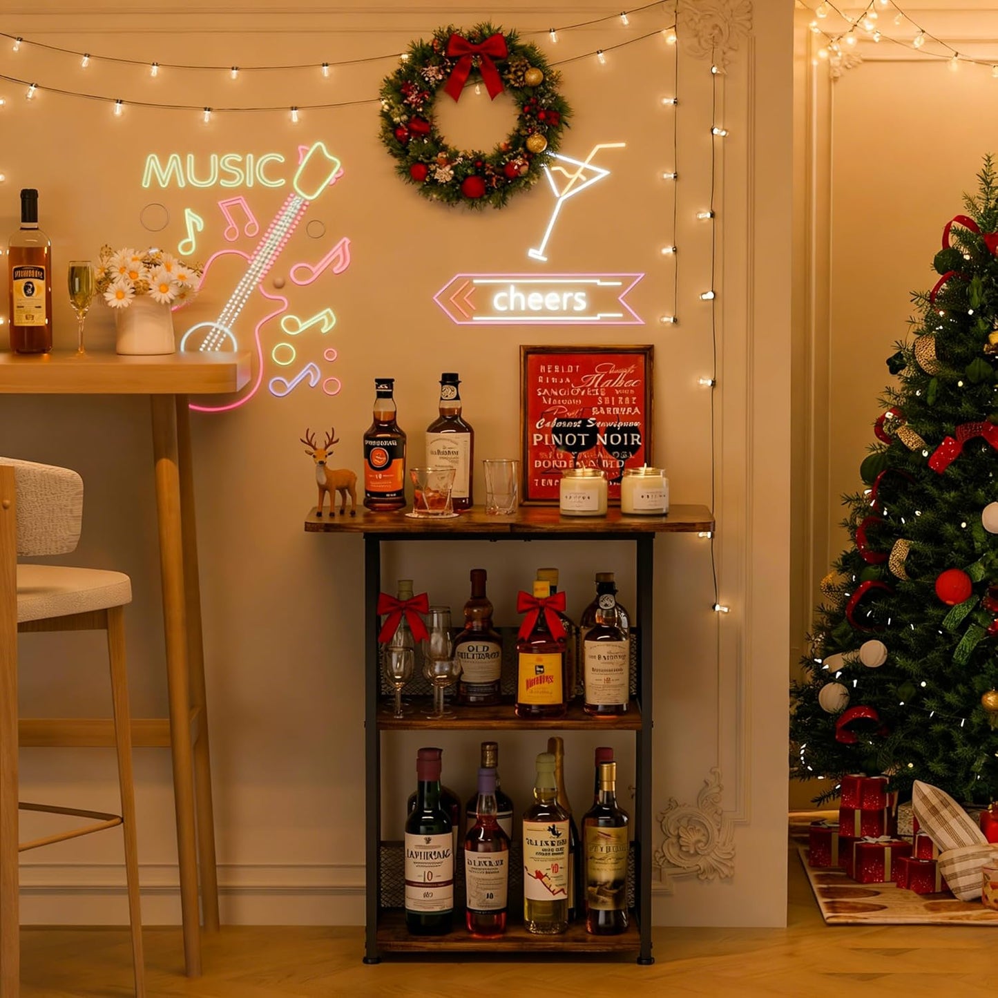 Eyteenokk Floor Standing Freestanding Whiskey Rack: 3 Tier Wine Rack Mini Bar Table Corner Wine Bottle Display Stand Liquor Cabinet Bar, for Bottles,Cocktail Shaker,Mugs