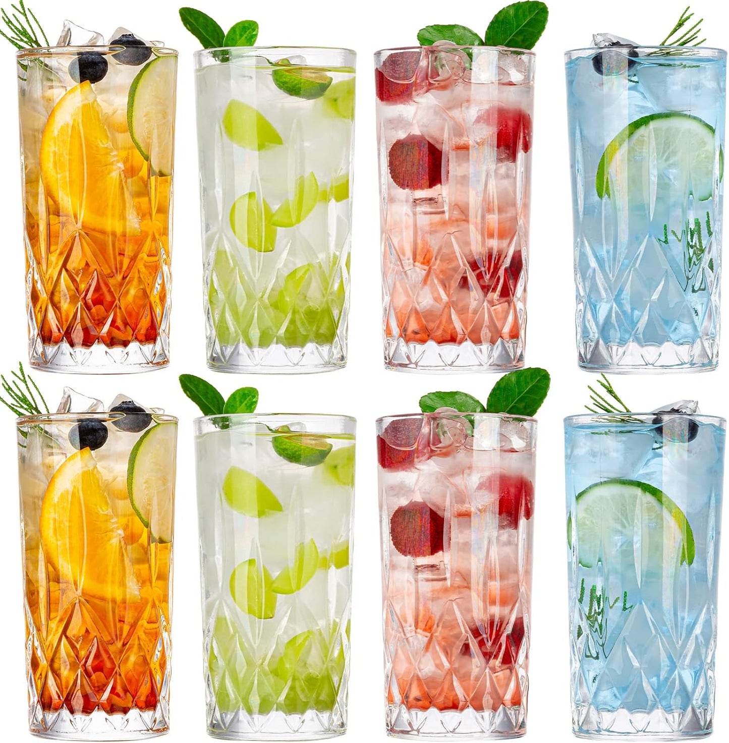 Crystal Highball Glasses, Set of 8 Glass Drinking Glasses, 11 oz Durable Drinkware Cups for Cocktails, Water, Juice, Beer, Wine-Special Edition Glassware Set, Dishware, Dishwasher Safe