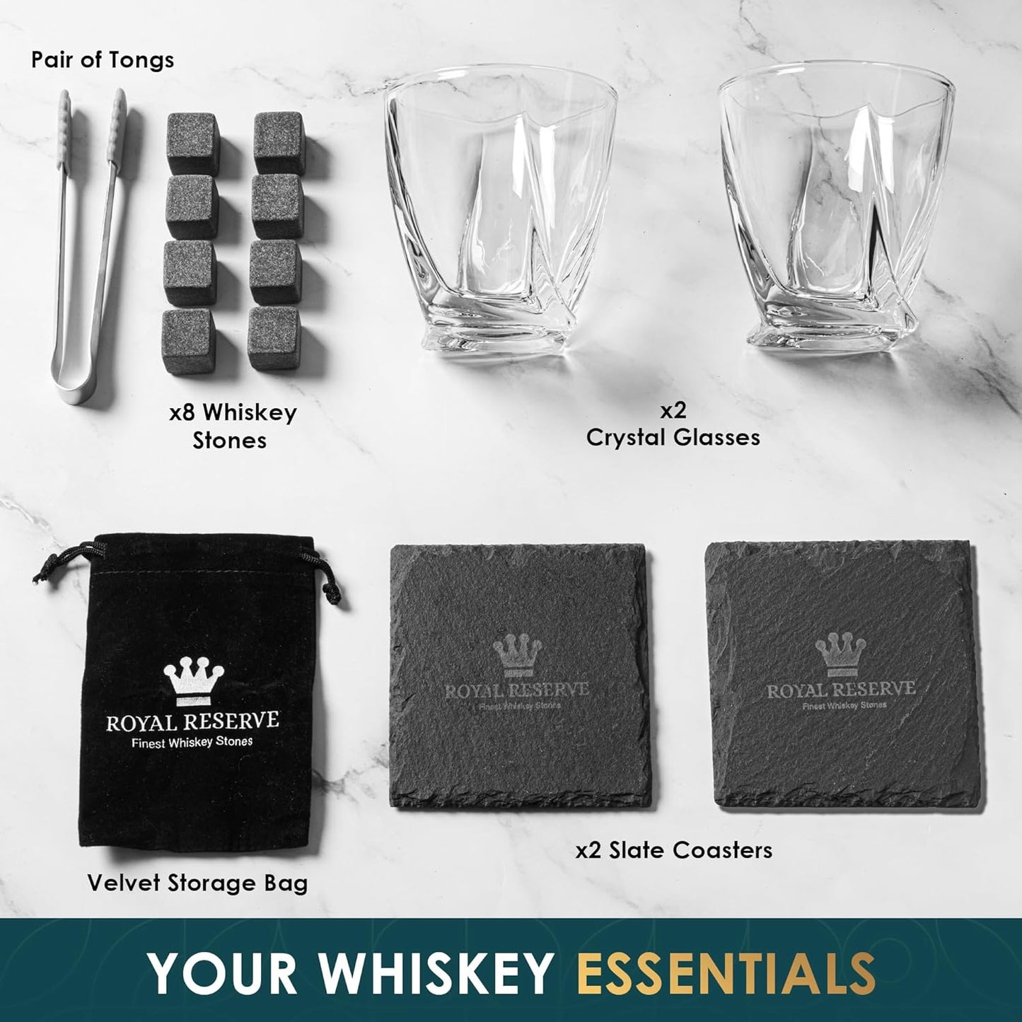Royal Reserve Whiskey Glasses Set - 2 Crystal Bourbon Glasses with Chilling Stones & Coasters – for Scotch Cocktail Rum Vodka Liquor - Whiskey Gift for Men Dad Boss Boyfriend Anniversary & Birthday
