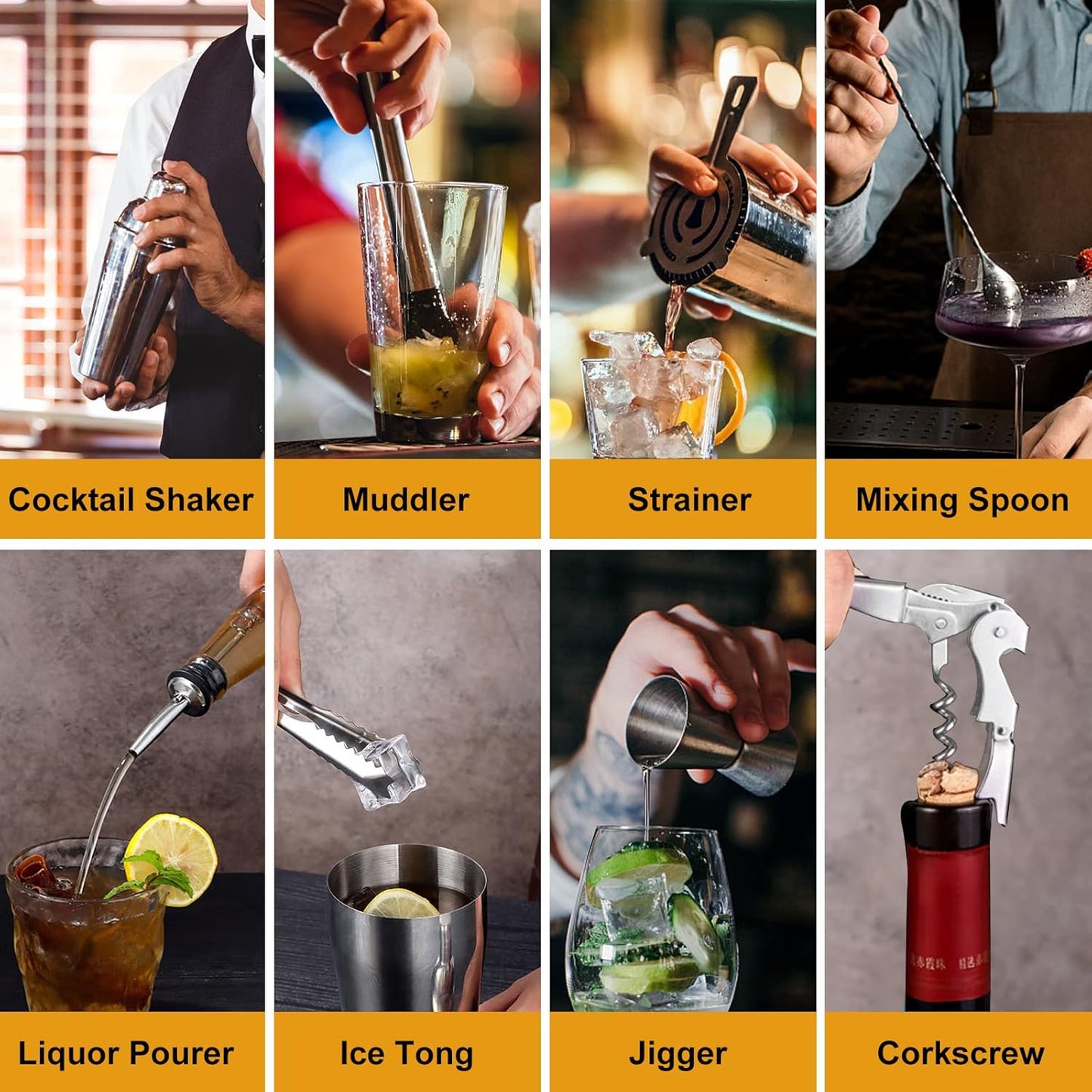 Vabaso 20-Piece Bartender Kit with Stand, Cocktail Shaker Set for Home Bar, 25oz Professional Stainless Steel Bar Tool Set with Cocktail Recipes Booklet, Christmas White Elephant Gifts for Adults Men