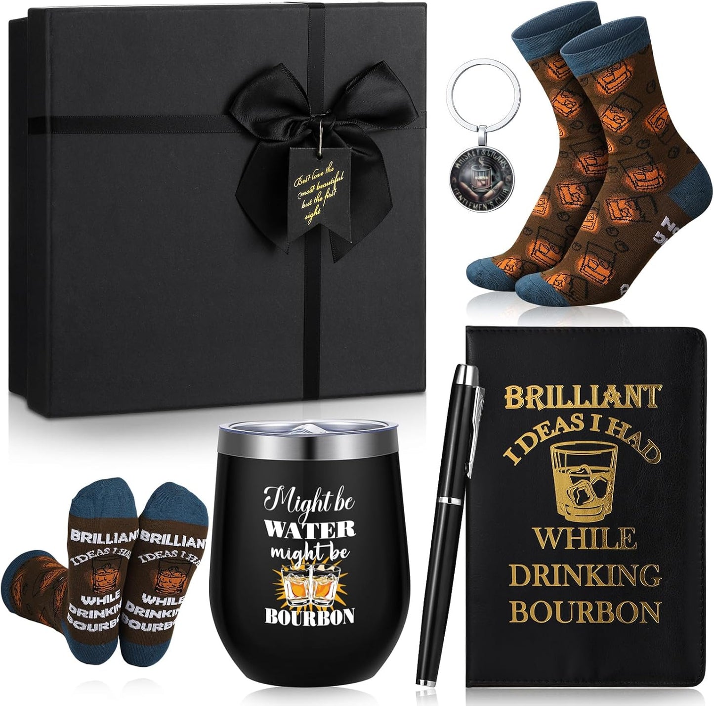 Reallnaive 6 Pcs Bourbon Gift for Men Funny Whiskey Lovers Gifts 12 oz Stainless Steel Cup Socks Keychain Pen Notebook Box for Father's Day Dad Husband Grandpa Bourbon Whiskey Lovers Gift