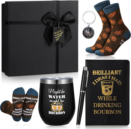 Reallnaive 6 Pcs Bourbon Gift for Men Funny Whiskey Lovers Gifts 12 oz Stainless Steel Cup Socks Keychain Pen Notebook Box for Father's Day Dad Husband Grandpa Bourbon Whiskey Lovers Gift