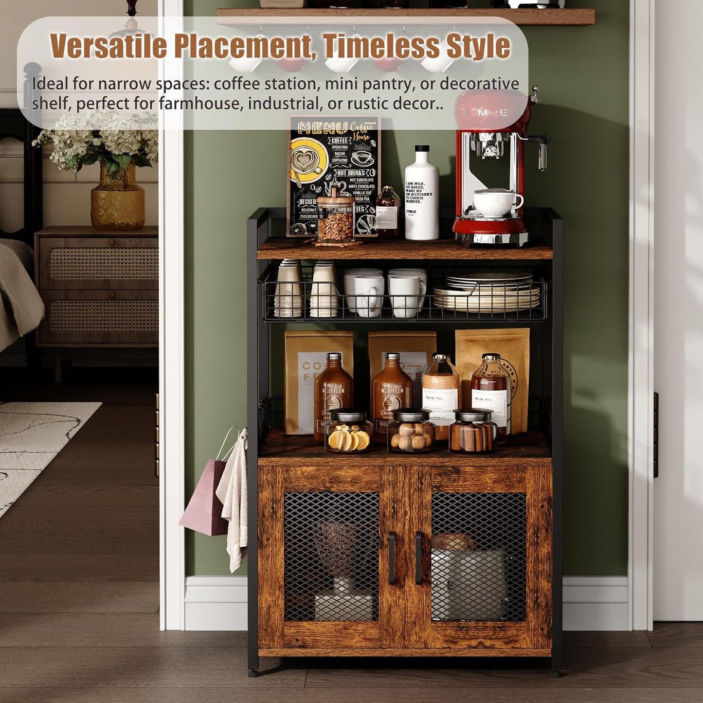 Hencawima Coffee Bar Cabinet, 3 Tier Coffee Station Table on Wheels, 35.9" H Bar Cart with Wire Basket Drawer & 5 Hooks for Home Kitchen, Liquor Buffet Sideboard Cabinet (Rustic Brown)
