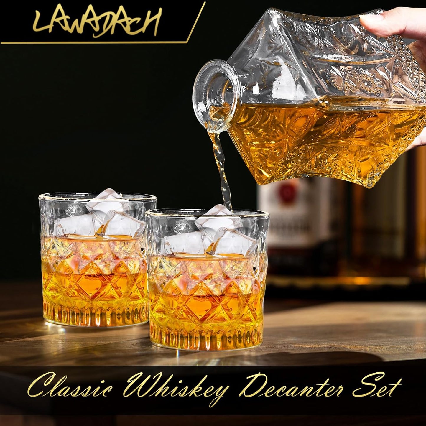 LAWADACH Whiskey Decanter for Men, Glass Liquor Decanter Set with 2 Whiskey Glasses, Decanter for Tequila,Bourbon, Scotch, Brandy and Vodka, Gift for Men, Ideal Home Bar Decor - 28oz