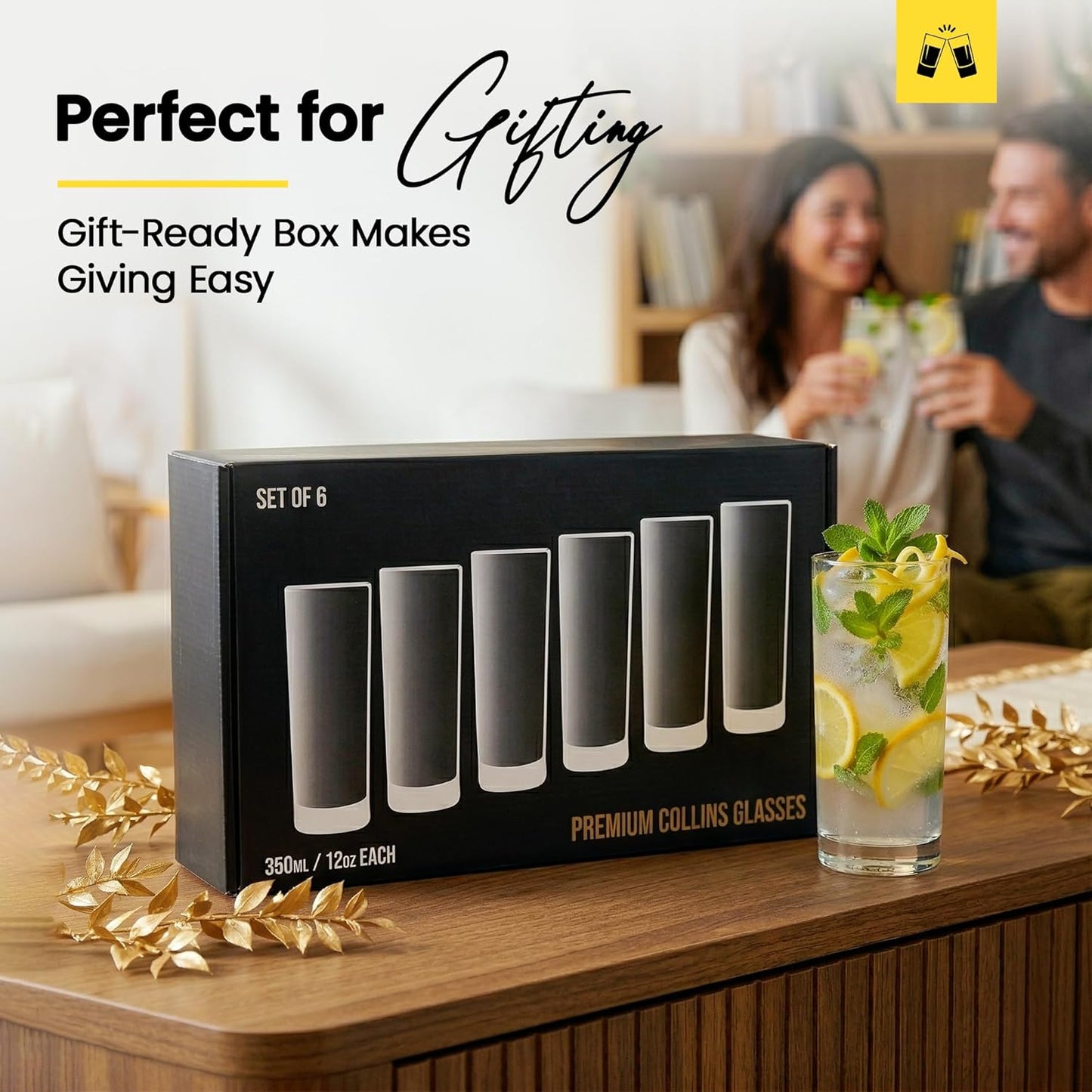 LEMONSODA Highball Glass Set | 12oz Set of 6 | Lead-Free Glass with Heavy Base | Dishwasher Safe Cocktail Glasses for Mojito Whiskey Iced Tea | Gift Box Included | Modern Durable Bar Glassware