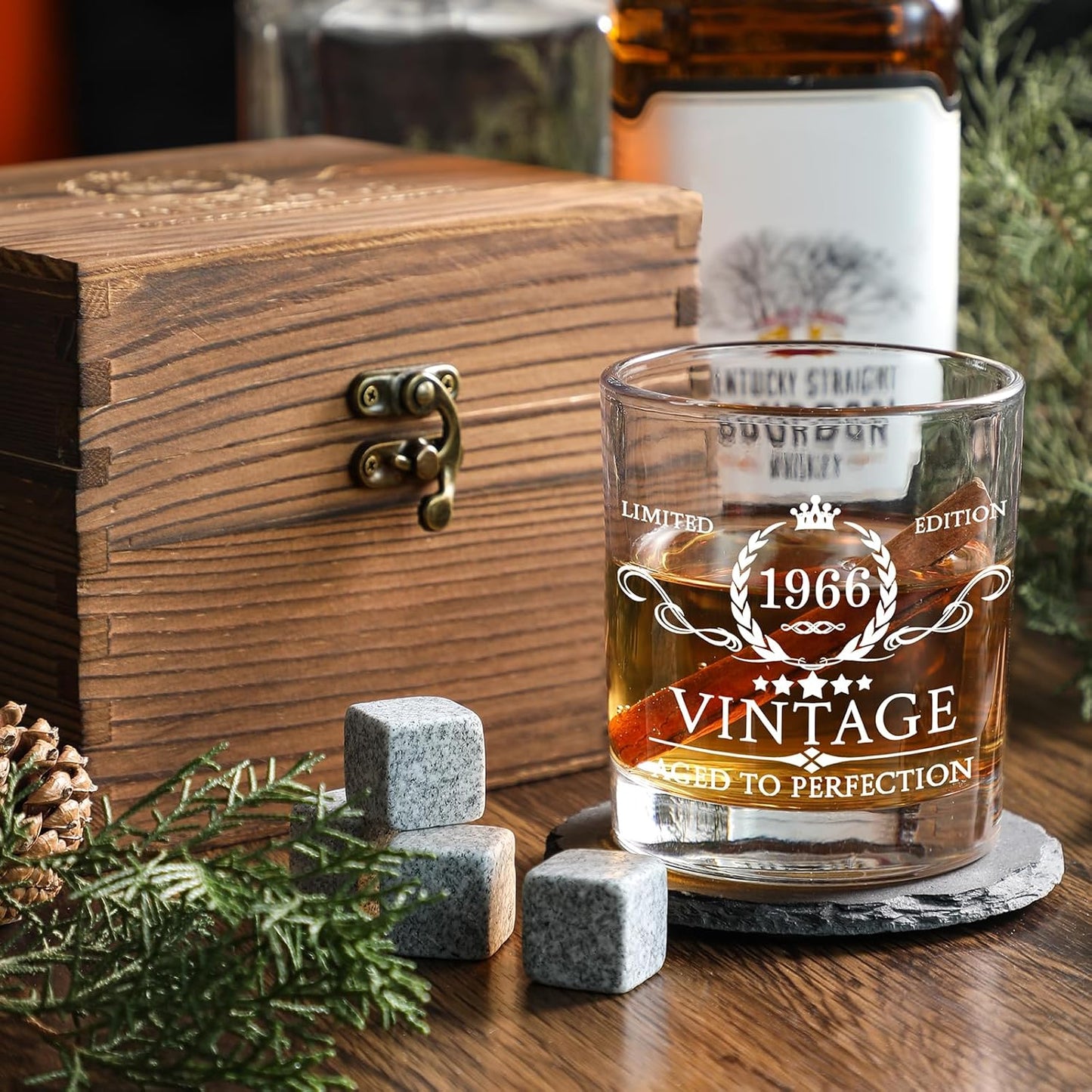 60th Birthday Gifts for Men Whiskey Glass Set - 60th Birthday Decorations, Party Supplies - 60 Year Anniversary, Bday Gifts Ideas for Him, Dad, Husband, Friends - Wood Box & Whiskey Stones & Coaster