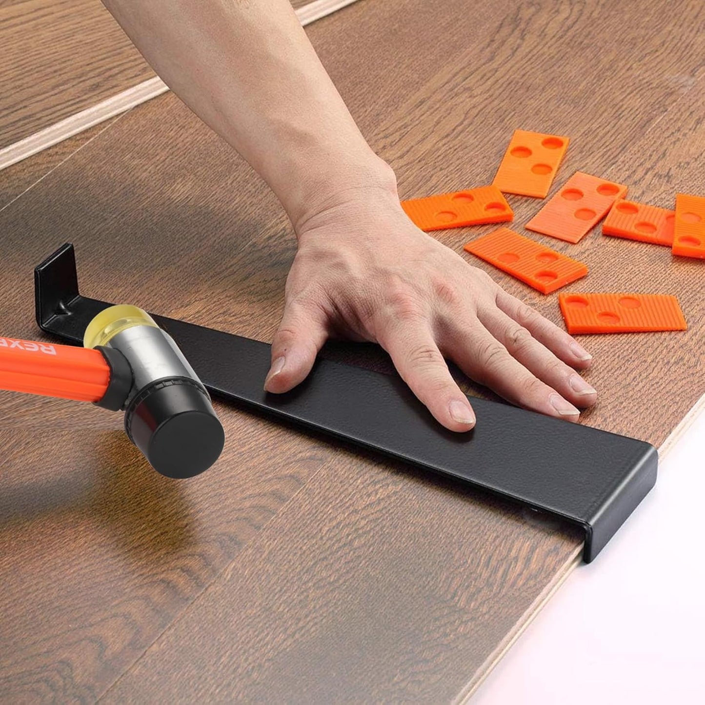 REXBETI 44-Piece Upgraded Laminate Wood Flooring Installation Kit with Solid Tapping Block, Long and Wider Pull Bar, Diameter 1 9/16" Reinforced Double-Faced Mallet, 10" Contour Gauge and 40 Spacers